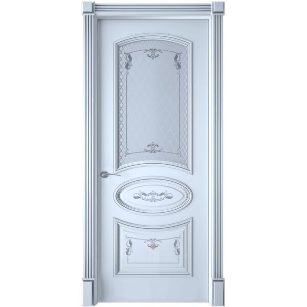 Межкомнатная дверь Interne Doors Багет 3 (Белая эмаль, патина серебро, остеклённая)