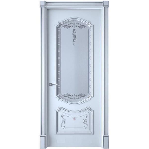 Межкомнатная дверь Interne Doors Багет 4 (Белая эмаль, патина серебро, остеклённая)