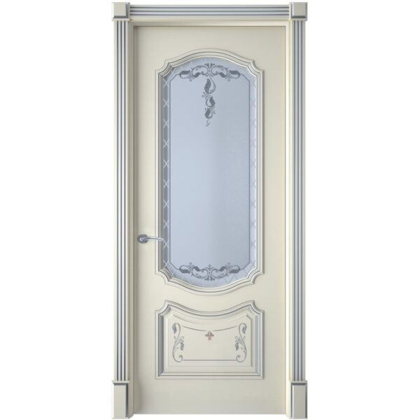 Межкомнатная дверь Interne Doors Багет 4 (Эмаль слоновая кость, патина серебро, остеклённая)