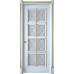 Межкомнатная дверь Interne Doors Багет 10 (Белая эмаль, патина золото, остеклённая)