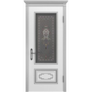 Межкомнатная дверь Interne Doors Багет 11/2 (Белая эмаль, патина серебро, остеклённая)