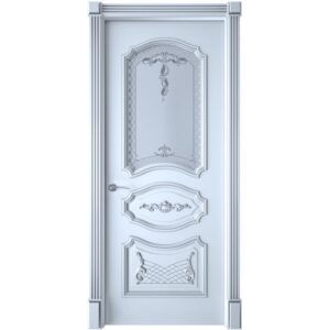 Межкомнатная дверь Interne Doors Багет 5/1 (Белая эмаль, патина серебро, остеклённая)