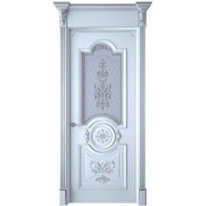 Межкомнатная дверь Interne Doors Багет Каролина (Белая эмаль, патина серебро, остеклённая)
