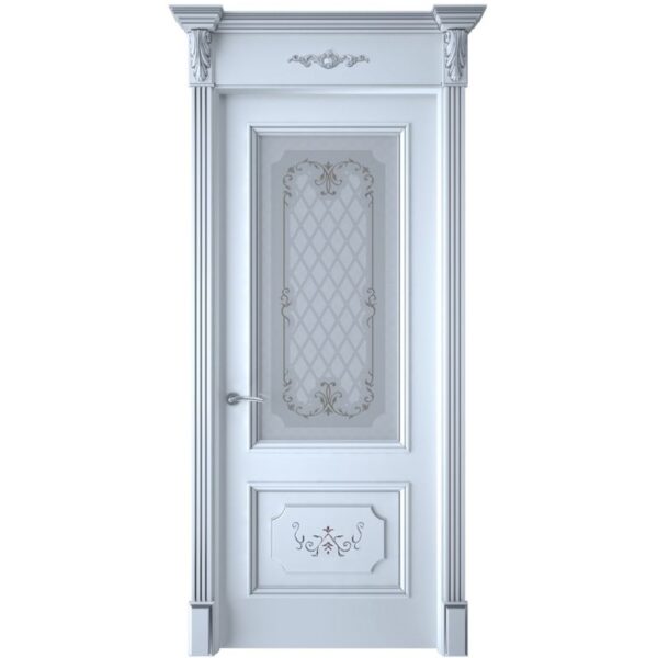 Межкомнатная дверь Interne Doors Багет Лорд (Белая эмаль, патина серебро, остеклённая)