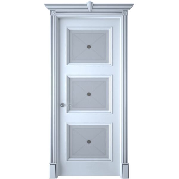Межкомнатная дверь Interne Doors Багет Плаза (Белая эмаль, патина серебро, остеклённая)