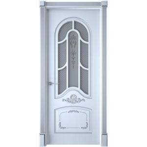 Межкомнатная дверь Interne Doors Болонья (Белая эмаль, патина серебро, остеклённая)