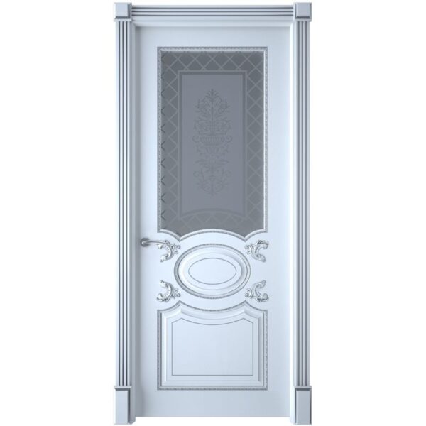 Межкомнатная дверь Interne Doors Галант (Белая эмаль, патина серебро, остеклённая)