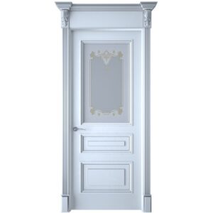 Межкомнатная дверь Interne Doors Кардинал 1/2 (Белая эмаль, патина серебро, остеклённая)