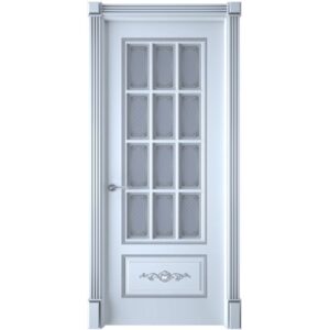 Межкомнатная дверь Interne Doors Леон (Белая эмаль, патина серебро, остеклённая)