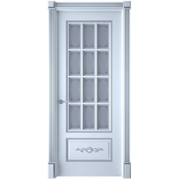 Межкомнатная дверь Interne Doors Леон (Белая эмаль, патина серебро, остеклённая)