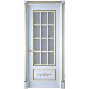Межкомнатная дверь Interne Doors Леон (Белая эмаль, патина золото, остеклённая)