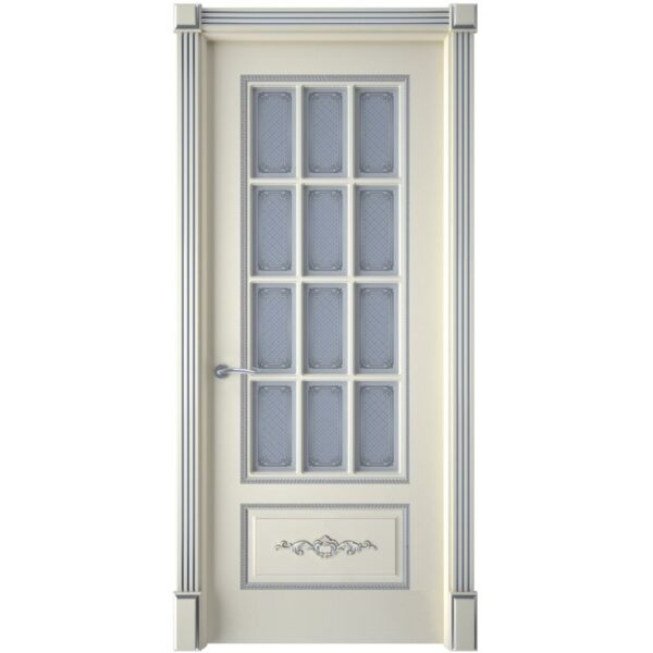 Межкомнатная дверь Interne Doors Леон (Эмаль слоновая кость, патина серебро, остеклённая)