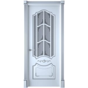 Межкомнатная дверь Interne Doors Сарагоса (Белая эмаль, патина серебро, остеклённая)