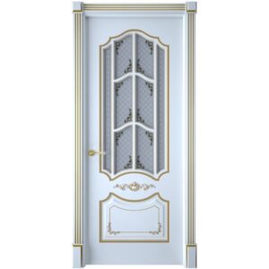 Межкомнатная дверь Interne Doors Сарагоса (Белая эмаль, патина золото, остеклённая)